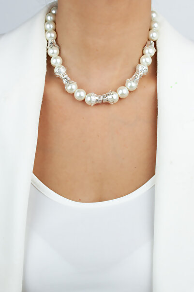 Liveyn Design Glass Pearl Metal Embroidered Necklace