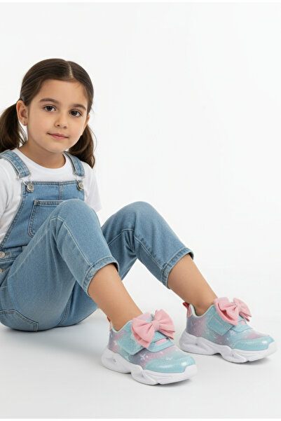 Moda Lime New Model Ribbon Detailed Velcro Orthopedic Sole Flexible Lighted Girls' Sports Sneaker Shoes