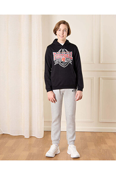 REDTAG Senior Boys Black Printed Hooded Sweatshirt