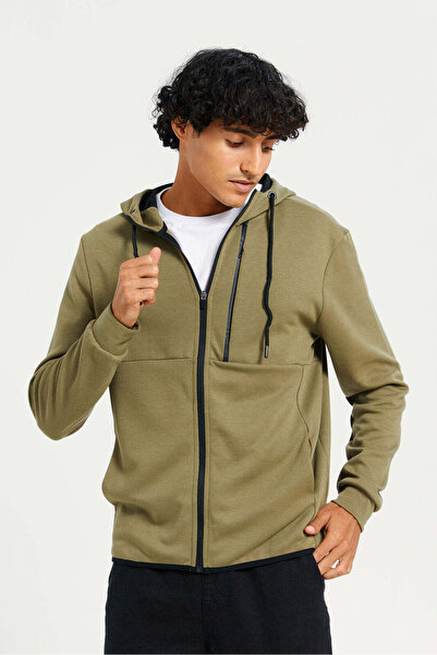 REDTAG Men Green Zip-Through Hooded sweatshirt