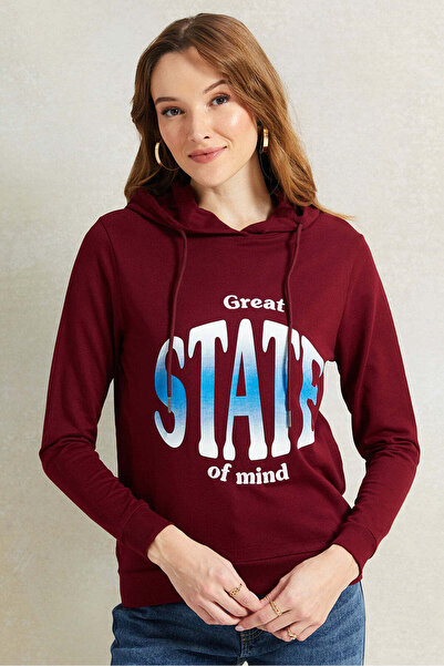 REDTAG Women Burgundy Print Hooded Sweatshirt