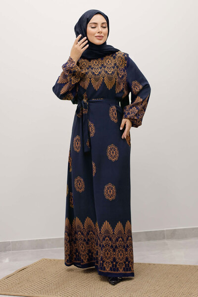 Tesettür Dünyası Φόρεμα από βισκόζη με σχέδιο πλακάκια TSD250237 Σκούρο μπλε