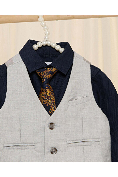 REDTAG Infant Boys Grey Vest And Navy Shirts With Printed Tie Set (3 Piece)