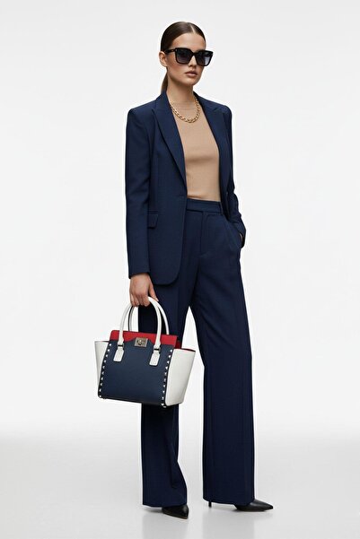 Deriderim Studded Navy Blue Ecru Red Genuine Leather Studded Shoulder and Hand Bag