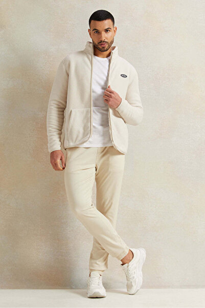 REDTAG Men Beige Soft Polar Fleece Jacket