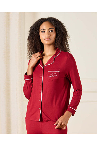 REDTAG Women Burgundy Collared Pyjama Set (2 Piece)