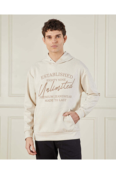 REDTAG Men Beige Suede Hooded Sweatshirt