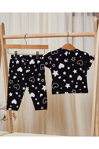REDTAG Infant Girls Black Hearts Print Pyjama Set (2 Piece)