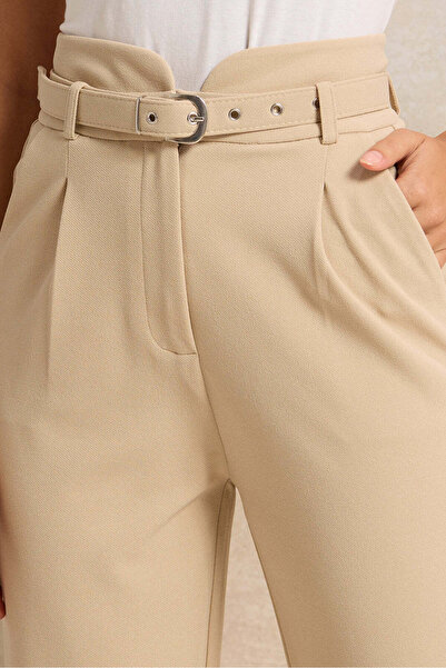 REDTAG Women Beige Belted Tapered Trousers