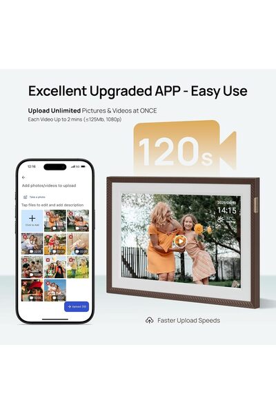 Arzopa WiFi digital photo frame 10.1 inch, 1280x800, 32GB, touchscreen, brown