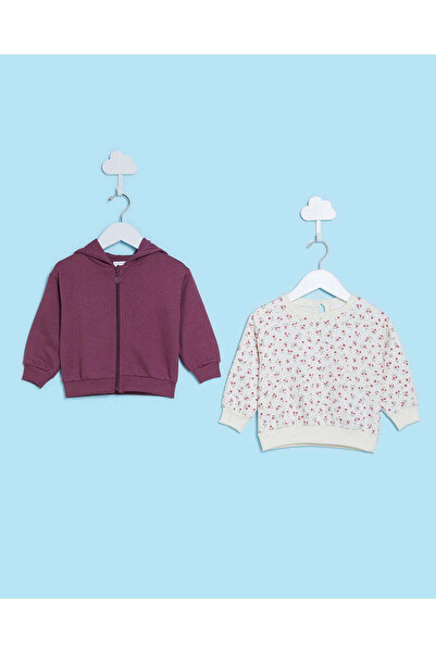 REDTAG Infant Girls Purple And Cream Print Hooded Sweatshirt Set (Pack of 2)