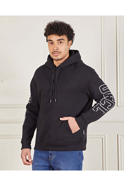 REDTAG Men Black Hooded Sweatshirt