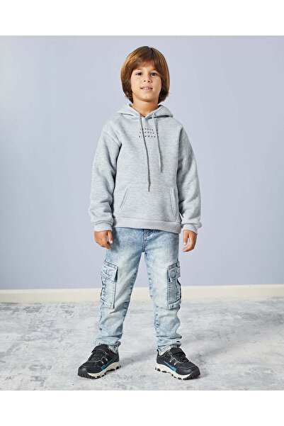 REDTAG Boys Grey Hooded Sweatshirt
