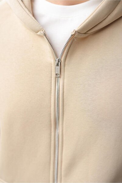 Madmext Beige Zippered Hooded Men's Cardigan E7174