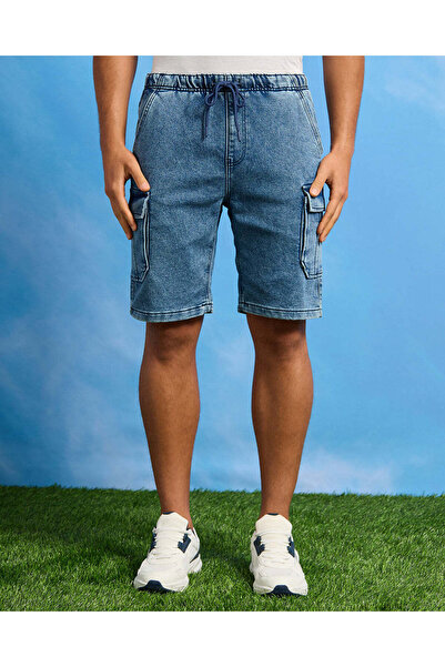 REDTAG Men Blue Cargo Knit Denim Shorts
