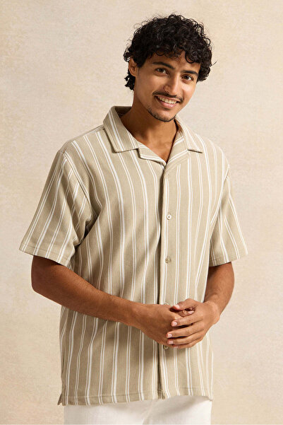 REDTAG Men Beige Lounge Striped Shirt