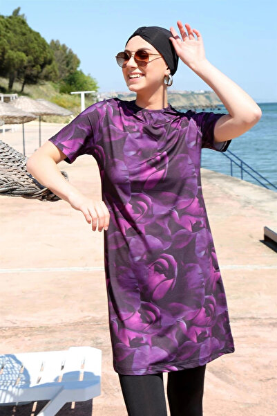 alfa expres Clothing Short Sleeve Floral Half Hijab Swimsuit Purple