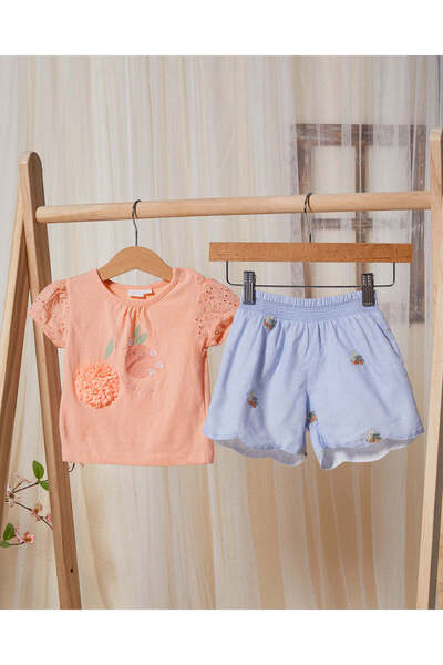 REDTAG طقم ملابس كاجوال للبنات الصغار باللونين الخوخي والأزرق (قطعتين)