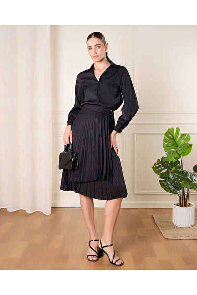 REDTAG Women Black Solid Pleated Skirt