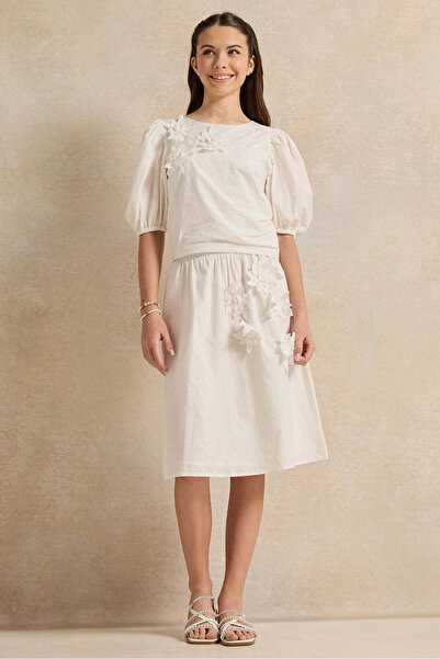 REDTAG Senior Girls White Poplin Skirts With 3D Flower