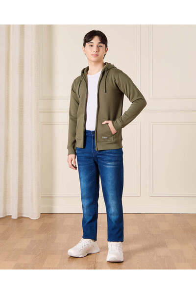 REDTAG Senior Boys Olive Hooded Sweatshirt