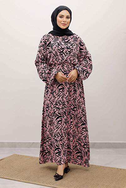 Tesettür Dünyası Elastic Waist Bat Sleeve Viscose Dress Tsd250235 Pink