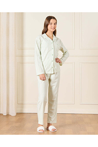 REDTAG Senior Girls Green Striped Pajama Set(2 Piece)