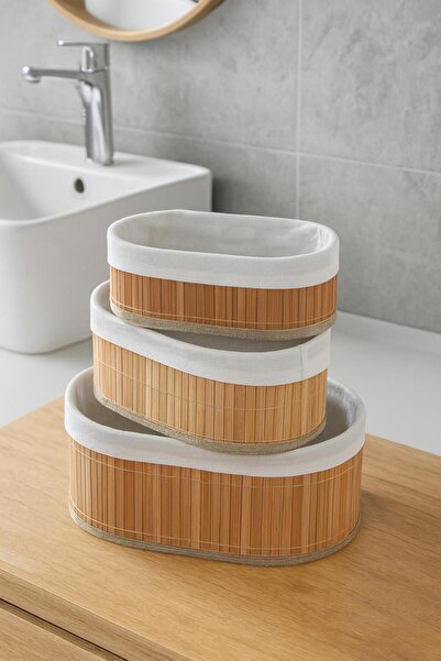İLİVA 3-Piece Bamboo Basket Set - Natural Foldable, Decorative Organizer - Bathroom and Home Organization