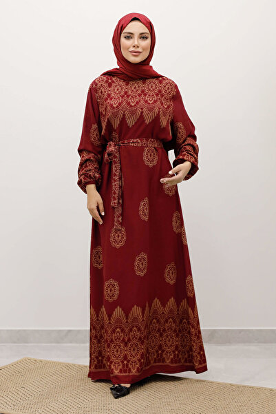 Tesettür Dünyası Φόρεμα από βισκόζη με σχέδιο πλακάκια TSD250237 Βουργουνδία