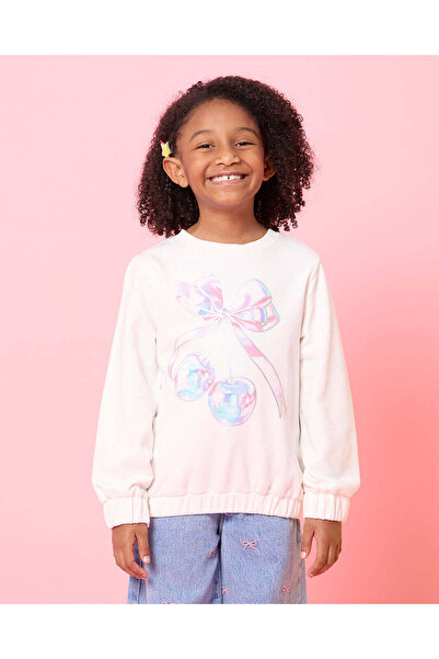 REDTAG Girls Ivory Bow Printed Sweatshirt