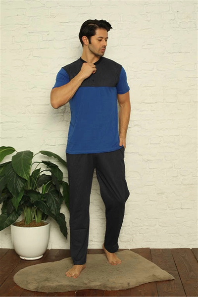 alfa expres ملابس رجالية أزرق بلون الكوبالت طقم بيجامة مكون من 3 قطع