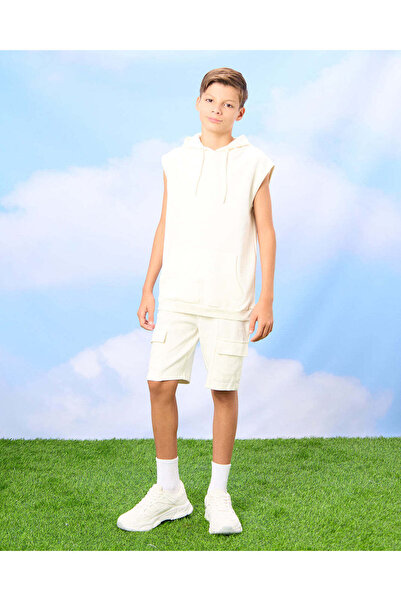 REDTAG Senior Boys Cream Hooded T-Shirt And Short Set (2 Piece)