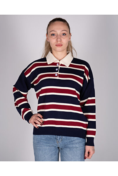 Kadın Çizgili Polo Yaka Triko Sweat – Rahat Günlük Casual Kazak
