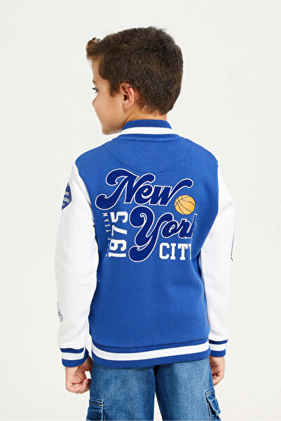 REDTAG Boys Navy And White Bomber Front Open Sweatshirt