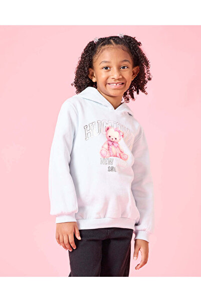 REDTAG Girls Blue Teddy Print Hooded Sweatshirt