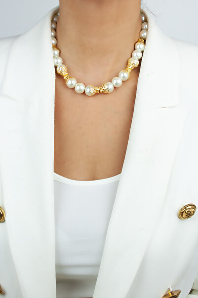 Liveyn Design Glass Pearl Metal Embroidered Necklace