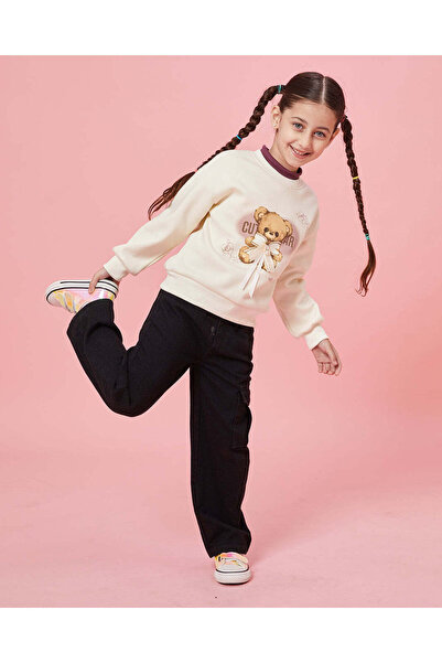 REDTAG Girls Ivory Bear Placement Print Sweatshirt