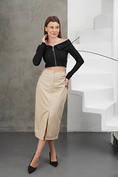 Ecenin Favorileri Fusta midi cu fantă din piele artificială crem