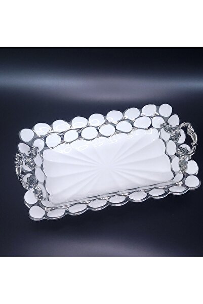 Alara Gümüş Porselen Metal Kulplu Sunum – 30x19 cm | Söz, Nişan, Hediye ve De...