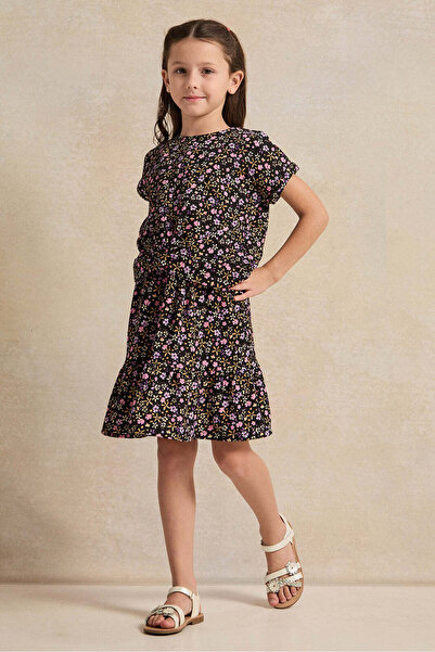 REDTAG Girls Black Flower Allover Print Skirt