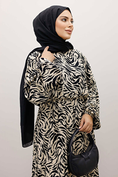 Tesettür Dünyası Elastic Waist Bat Sleeve Viscose Dress Tsd250235 Beige