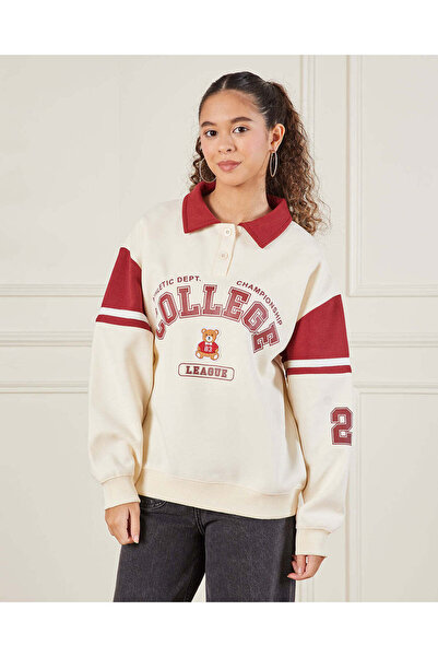REDTAG Senior Girls Beige Collared Sweatshirt