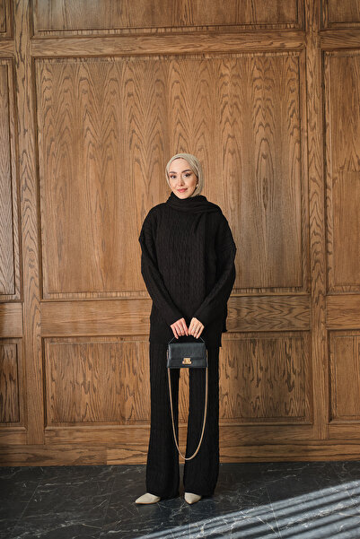 LOCCO Kadın Atkı Detaylı Örgü Takım Siyah