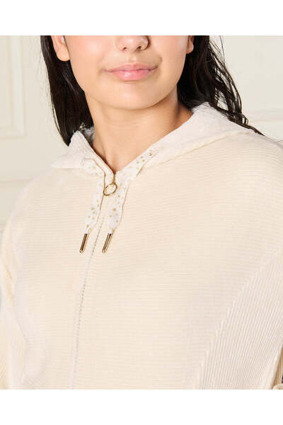 REDTAG Senior Girls Cream Hooded Zipper Front Sweatshirt