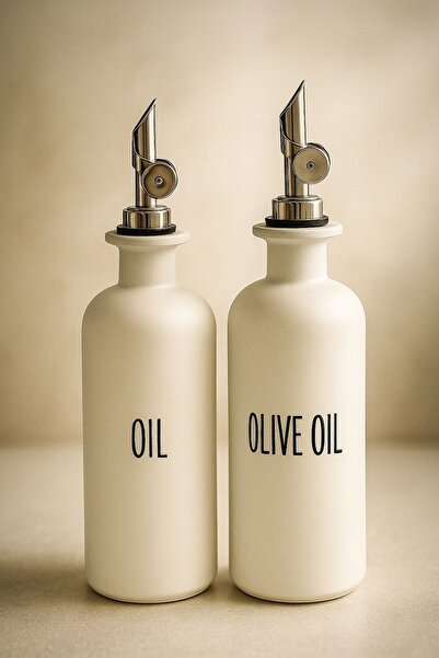 morponi Set of 2 White Silver Headed Glass Oil Bottles with Bamboo Stand |   Oil-Olive Oil-Vinegar-Sauce 500 ml