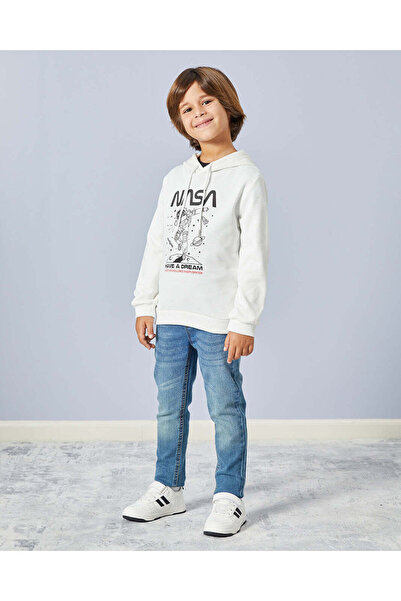 REDTAG Boys White Hooded Sweatshirt