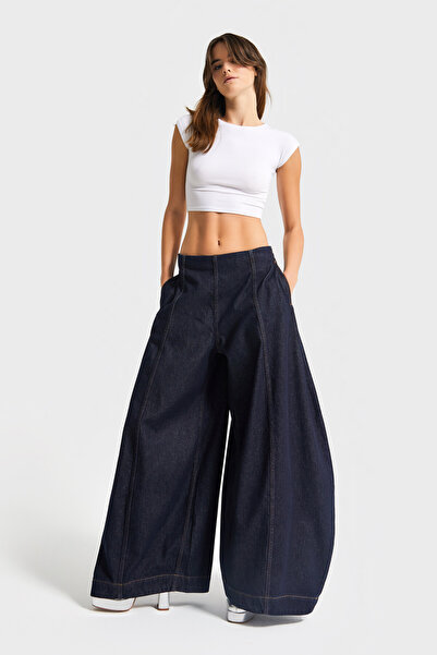 its basic Women's Indigo Color 7W5-50 High Waist Palazzo Balloon Fit 100% Cotton Special Design Denim Jean