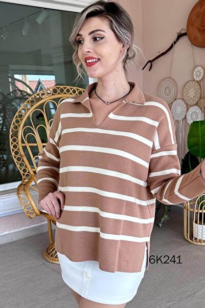 İnce Topuk بلوزة تريكو مخططة بياقة بولو 6k241