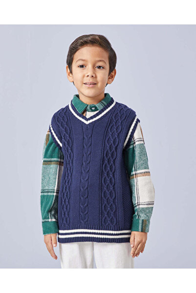 REDTAG Boys Assorted Check Shirt With Navy Sleeveless Sweater (2 Piece)