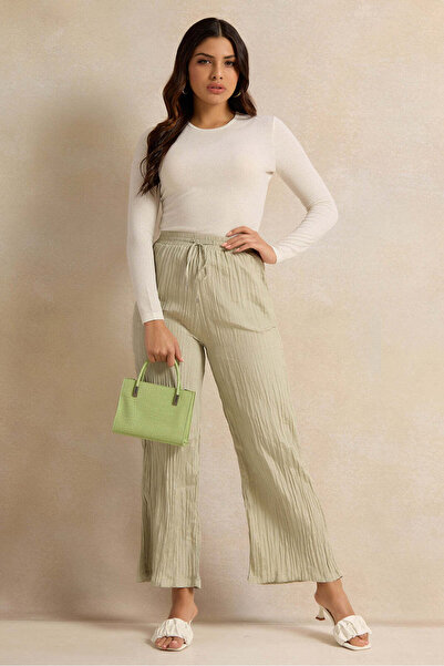 REDTAG Women Mint Crinkle Flared Trousers